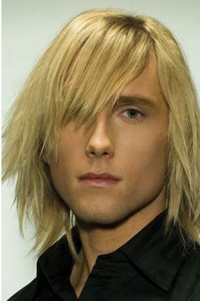 Ice blonde man medium long hairstyle with full of layers and side bang ...